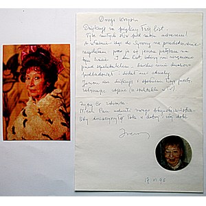 KWIATKOWSKA IRENA. Umschlag mit einem ausführlichen handschriftlichen Brief der Schauspielerin, datiert 17. VI. 96...