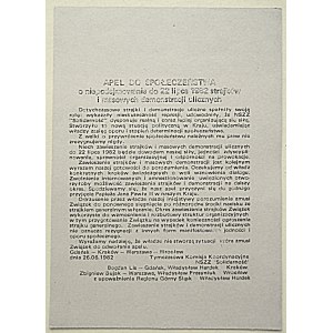 [ULOTKA]. APEL DO SPOŁECZEŃSTWA o niepodejmowanie do 22 lipca 1982 strajków i masowych demonstracji ulicznych...