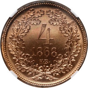 Maďarsko, František Jozef I., 4 krajcary 1868 KB, Kremnica, Reštrikcia, zrkadlová známka