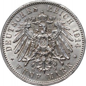 Germany, Saxony, Frederick August III, 5 Mark 1914 E, Muldenhütten