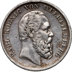 Germany, Wurttemberg, Karl, 5 Mark 1875 F, Stuttgart