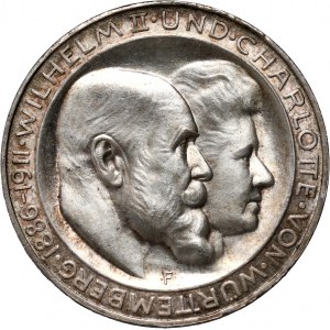 Germany, Wurttemberg, Wilhelm II, 3 Mark 1911 F, Stuttgart, Silver Wedding Anniversary