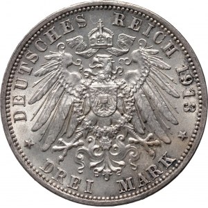 Germany, Saxony, Friedrich August III, 3 Mark 1913 E, Muldenhütten, Battle of Leipzig add