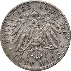 Germany, Wurttemberg, Wilhelm II, 5 Mark 1907 F, Stuttgart