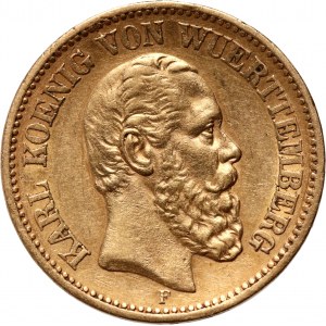 Německo, Württemberg, Charles I, 20 značek 1876 F, Stuttgart