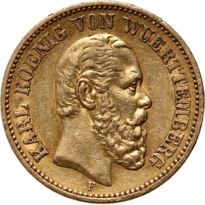 Německo, Württemberg, Charles I, 20 značek 1872 F, Stuttgart