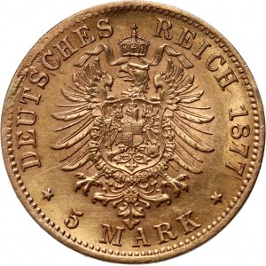 Germany, Wurttemberg, Karl I, 5 Mark 1877 F, Stuttgart