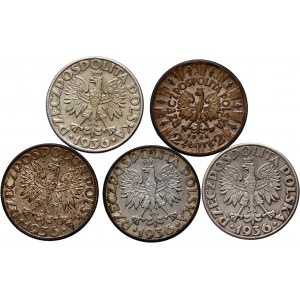 II RP, zestaw, 4 x 5 złotych 1936 Żaglowiec i 2 złote 1934 Piłsudski