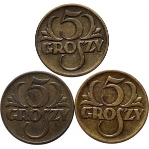 Second Republic, set of 3 x 5 pennies 1923