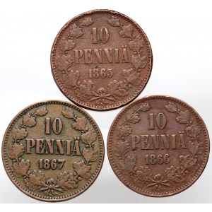 Finland, Alexander II, set of 3 x 10 Pennia from 1865-1867