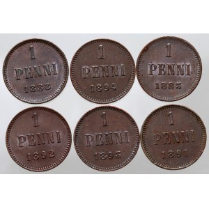 Finland, Alexander III, set of 6 x 1 Penni from 1883-1894