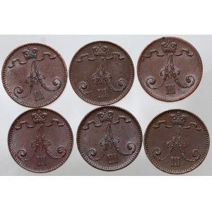 Finland, Alexander III, set of 6 x 1 Penni from 1883-1894