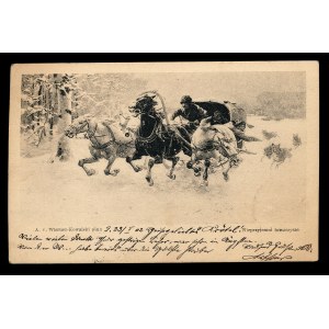 Königreich Polen Postkarte mit einer Reproduktion des Gemäldes 'Unliebsame Genossen' (140)