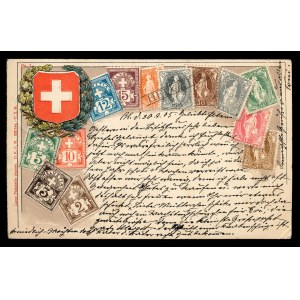 München Postkarte mit geprägten Briefmarken und Schweizer Wappen (159)