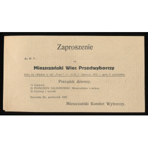 Kamionka Str. 1922 r. Wybory do Sejmu. Zaproszenie na Mieszczański Wiec Przedwyborczy (353)
