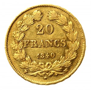 Francúzsko, Ľudovít Filip I., 20 frankov 1840 W, Lille. Vzácne. (512)