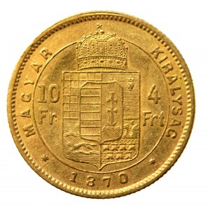 Maďarsko, František Josef I., 4 forinty = 10 franků 1870 KB, Kremnica (524)