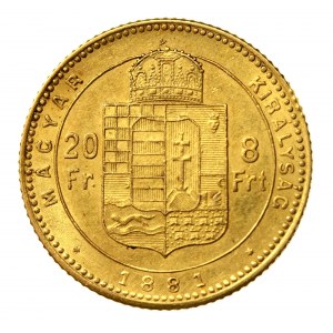 Węgry, Franciszek Józef I, 8 forintów = 20 franków 1881 KB, Kremnica (526)