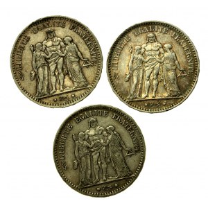 France, Third Republic, 5 francs 1874, 1875, 1875, 1875. total of 3 pieces. (557)