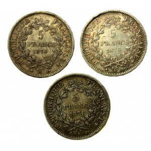 Francja, III Republika, 5 franków 1874, 1875, 1875. Razem 3 szt. (557)