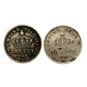 France, Napoleon III, 20 cents 1867 x 2 pieces. (607)