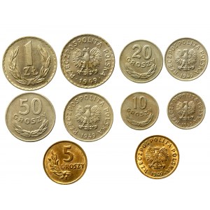 Volksrepublik Polen, Satz von 5, 10, 20, 50 Pfennigen und 1 Zloty 1949. insgesamt 5 Stück. (842)