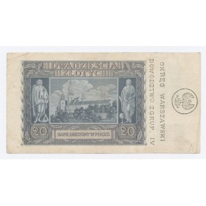 Powstanie Warszawskie 1944 , 20 złotych 1940 z nadrukiem OKRĘG WARSZAWSKI/ DOWÓDZTWO Z GRUP. IV (895)