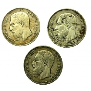 Belgium, Leopold II, set of 5 francs 1868 - 1876. total of 3 pieces. (626)