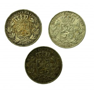 Belgia, Leopold II, zestaw 5 franków 1868 - 1876. Razem 3 szt. (626)