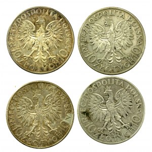 II RP, zestaw 10 złotych 1932-1933, Głowa kobiety. Razem 4 szt. (334)