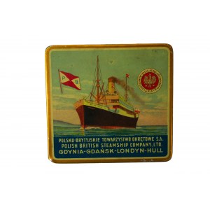 POLSKÝ TITCO MONOPOL [II RP] originálna plechová škatuľka na 20 cigár ERGO s reklamou Poľsko-britskej lodiarskej spoločnosti S.A., krásny stav!