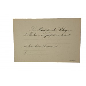 [Diplomacy of the Second Republic] Minister Pawel Juriewicz, Minister Plenipotentiary in the Kingdom of Romania [1923], invitation print [blank] with the formula The Minister of Poland and Madame Juriewicz have the honor of (...)