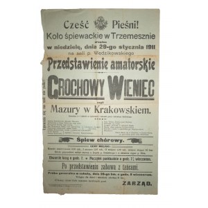 Spevácky krúžok v Trzemeszne AFISZ na predstavenie Grochowy wieniec czyli Mazury in Krakowskiem, ktoré sa hralo 29. januára 1911.