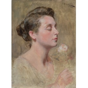 Kazimierz Pochwalski, PORTRET MŁODODEJ KOBIETY Z RÓŻY (Porträt einer jungen Frau mit einer Rose), 1919
