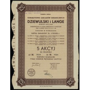 Polen, 5 Aktien zu je 250 Zloty = 1.250 Zloty, 1937, Warschau