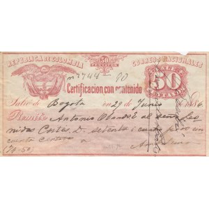 Colombia 50 Centavos 1886 certificate