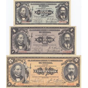 Mexico 50 Centavos, 1 & 5 Pesos 1915 (3) Sinaloa