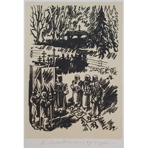 Bartłomiejczyk Edmund, Huculský pohřeb, dřevoryt, signováno, 1938