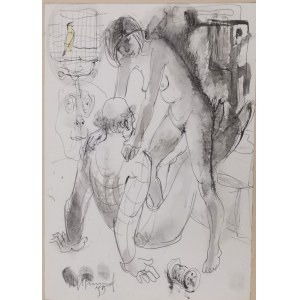 Sigmund Marian - erotische Szene mit einem Vogel, Tusche, 1985