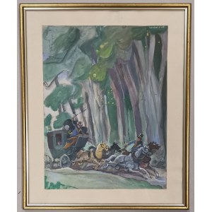 Aleksander Świdwiński - Stagecoach, gouache