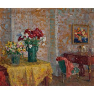Zofia Albinowska (1886-1971), Double-sided still life: Roses in a vase, In the living room