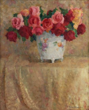 Zofia Albinowska (1886-1971), Dwustronna martwa natura: Róże w wazonie, W saloniku