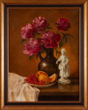 Joanna TIUNIN-WYSZOMIRSKA (ur. 1922), Martwa natura z kwiatami i porcelanową figurką