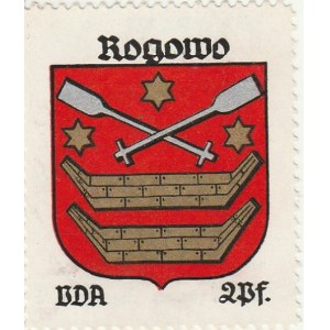 ROGOWO. Naklejka z herbem Rogowa (w polu czerwonym dwie łodzie, nad n ...