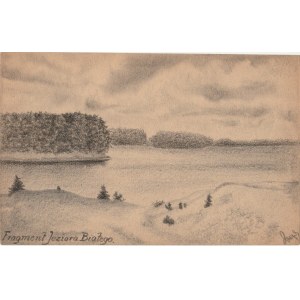 OKUNINKA. Widok na Jezioro Białe, rys. ołówkiem autorstwa M. Paszy