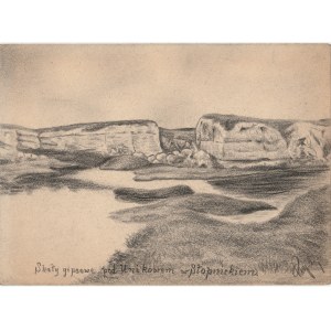 UNIKÓW. Widok na skały gipsowe, rys. ołówkiem autorstwa M. Paszyń ...