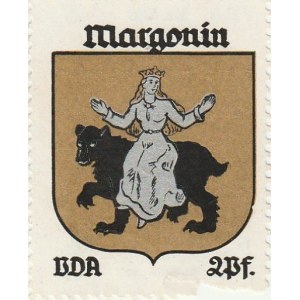 MARGONIN. Naklejka z herbem Margonina (panna siedząca na niedźwiedzi ...