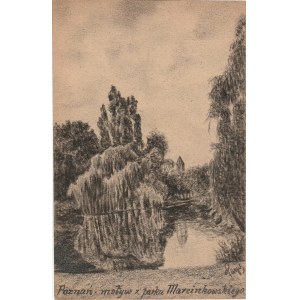 POZNAŃ. Widok na park Marcinkowskiego, rys. ołówkiem autorstwa M. P ...