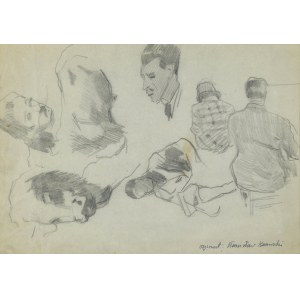 Stanislaw KAMOCKI (1875-1944), Různé skici: studenti při hodinách kreslení, portrétní studie hlav, studie těla a hlavy vola, asi 1925