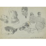 Stanisław KAMOCKI (1875-1944), Szkice różne: studenci w trakcie lekcji rysunku, studia portretowe głów, studia korpusu i głowy woła, ok. 1925